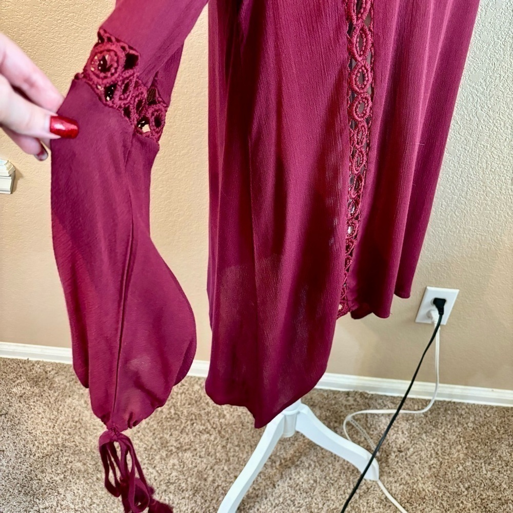 Ecru Lab Dress Small Long Sleeves Crochet Lace Detail Rayon Ties Tassels Boho - Picture 6 of 16